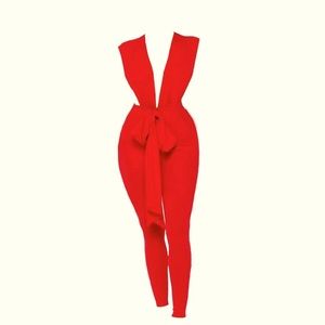 Red Deep V Jumpsuit
